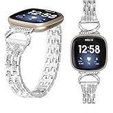 Bracelet Compatible with Fitbit Versa 4 Watch Band with Diamond for Women Adjustable Metal Link Shiny Rhinestone Strap Smartwatch Accessories
