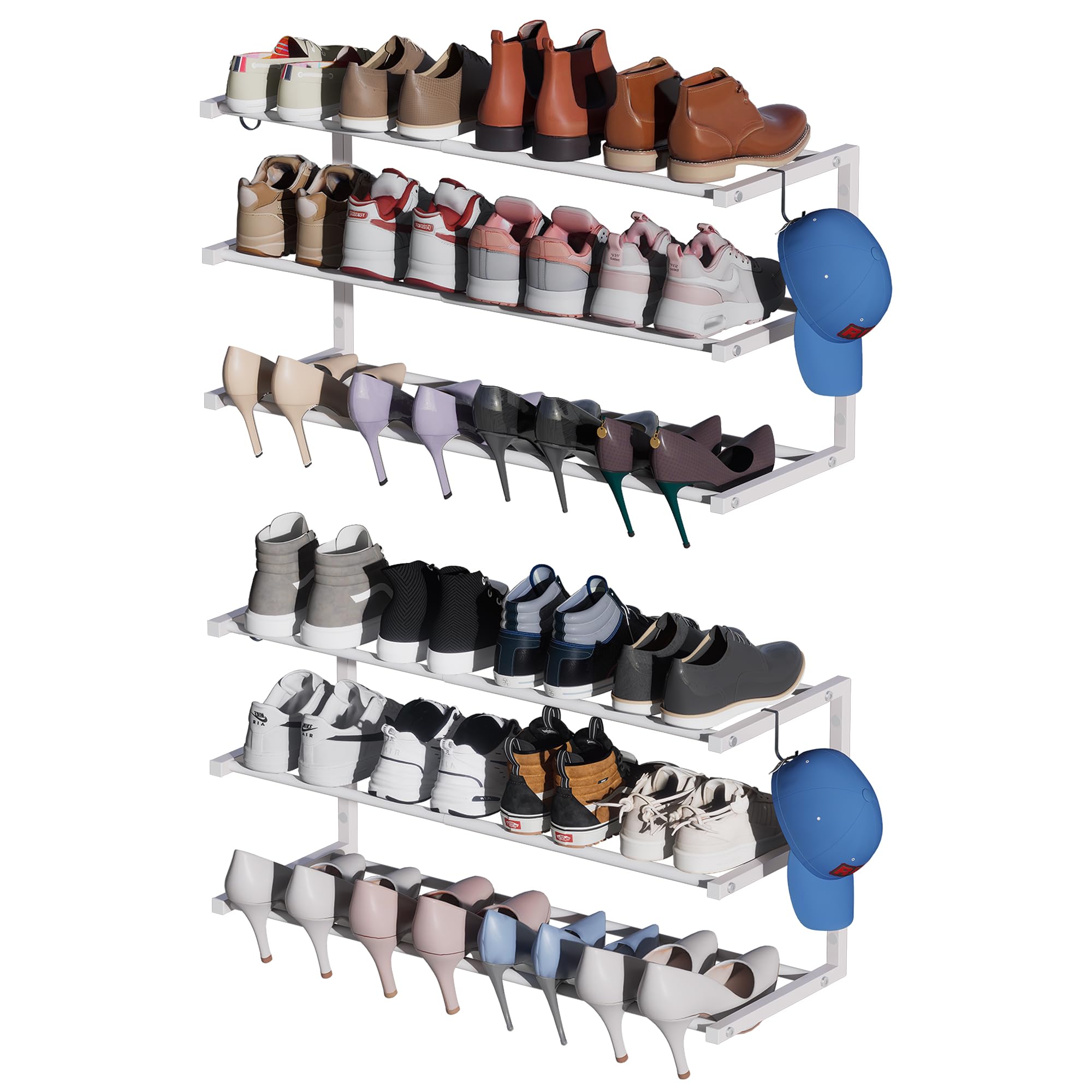 Photo 1 of 2 Pack Wall Mounted Shoe Rack, 3 Tier Hanging Shoe Rack Holds 24 Pairs, 17"-30"Adjustable Heavy Duty Metal Shoe Organizer Holder with 4 Storage Hooks, Space Saving for Closet Entryway Doorway?White)