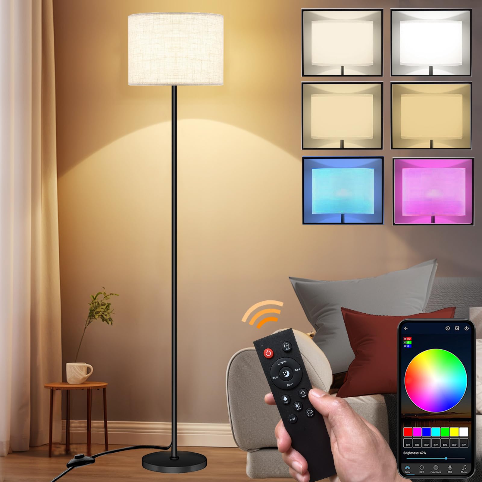 Photo 1 of Qaubauyt Smart LED Floor Lamp with APP Control & RGB Colors - Dimmable Standing Lamp for Living Room, Bedroom, Gaming - Remote, Timer, 9W Bulb Included, 60.6" Modern Tall Lamp (Beige)