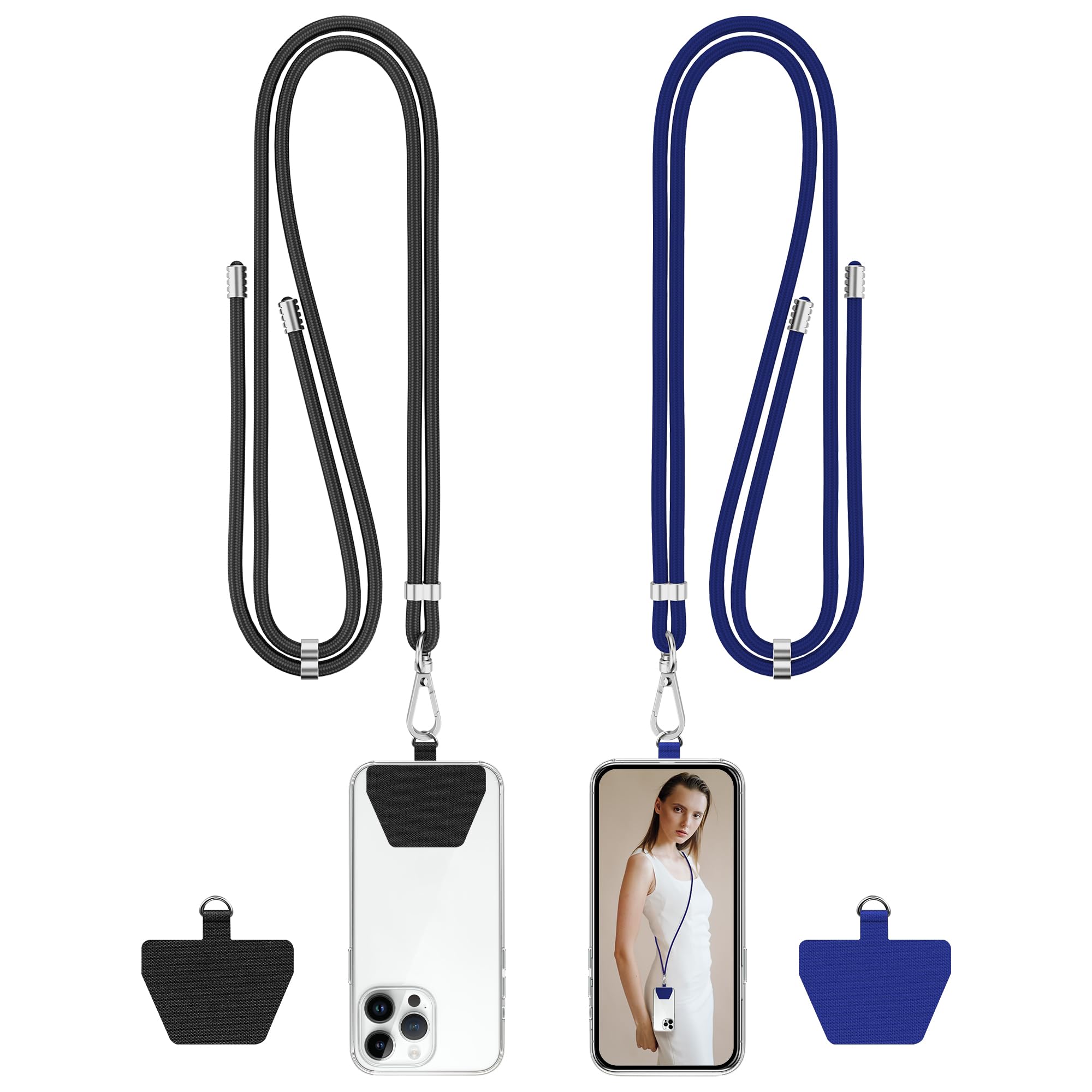 COCASES Crossbody Phone Lanyard Strap with Patch, Adjustable Nylon Neck Strap Necklace Phone Compatible with Most Smartphones (Black & Blue)