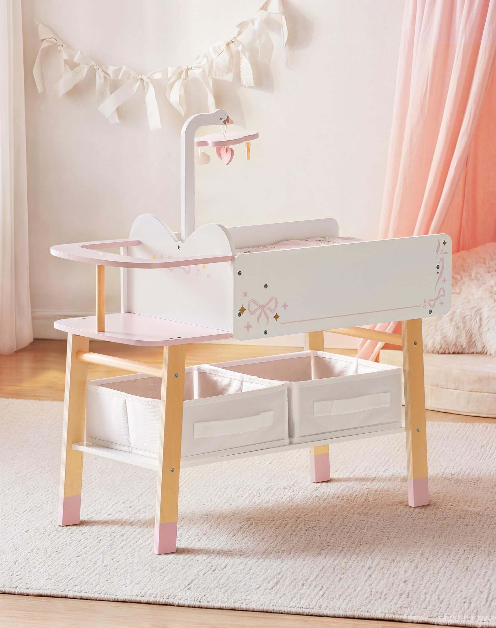 ROBOTIME Wooden Doll Changing Station, Baby Dolls Changing Table with Storage Drawer, Crib, Sink, Highchair, Beddings, Nursery Dolls Furniture for Under 18 inch, Ballet Fairy Series - Pink