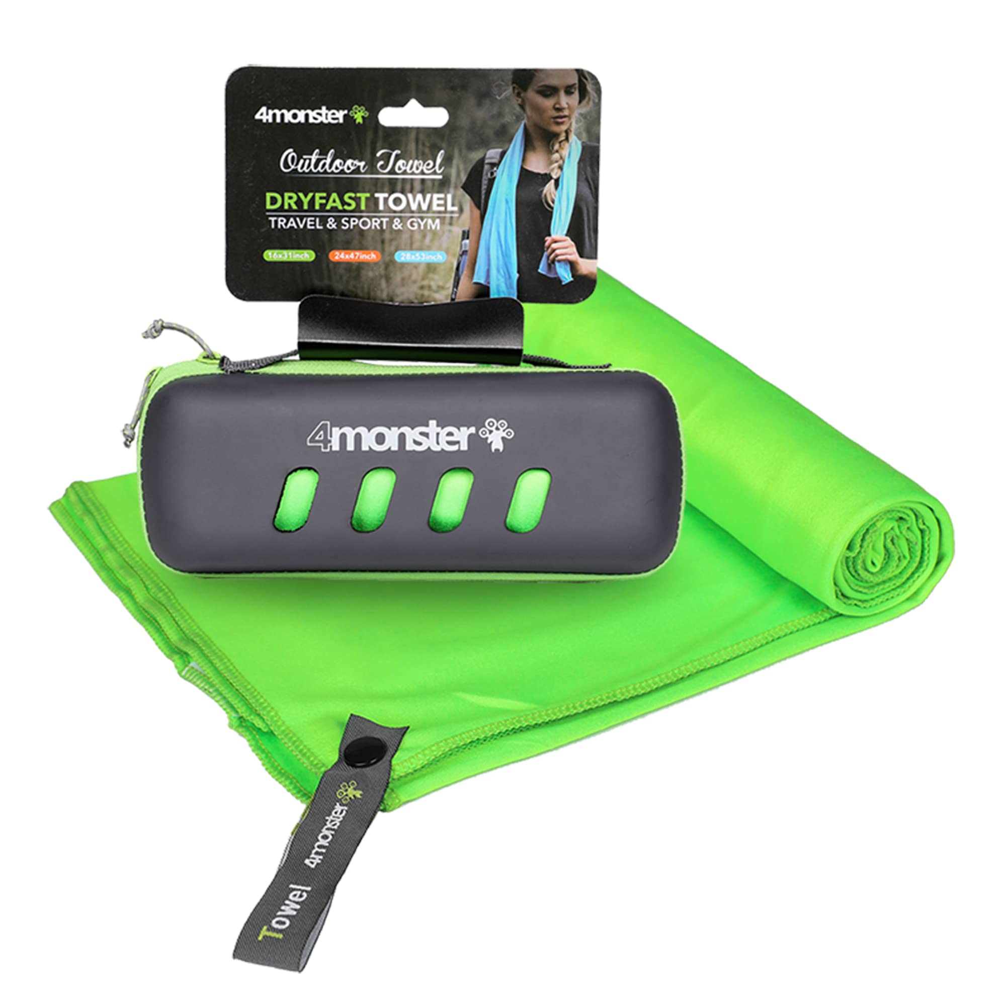 4Monster Microfiber Travel Towel with Carry Case, Super Absorbent, Quick Dry, Great for Gym, Beach, Swimming, Backpacking