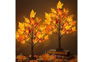 FastDeng 2ft Tabletop Lighted Maple Tree, 36 LED Warm White Artificial Fall Tree Lights with 6pcs Acorn Timing Battery Operated for Indoor Autumn Harvest Home Decor, Thanksgiving Decorations(2pack)