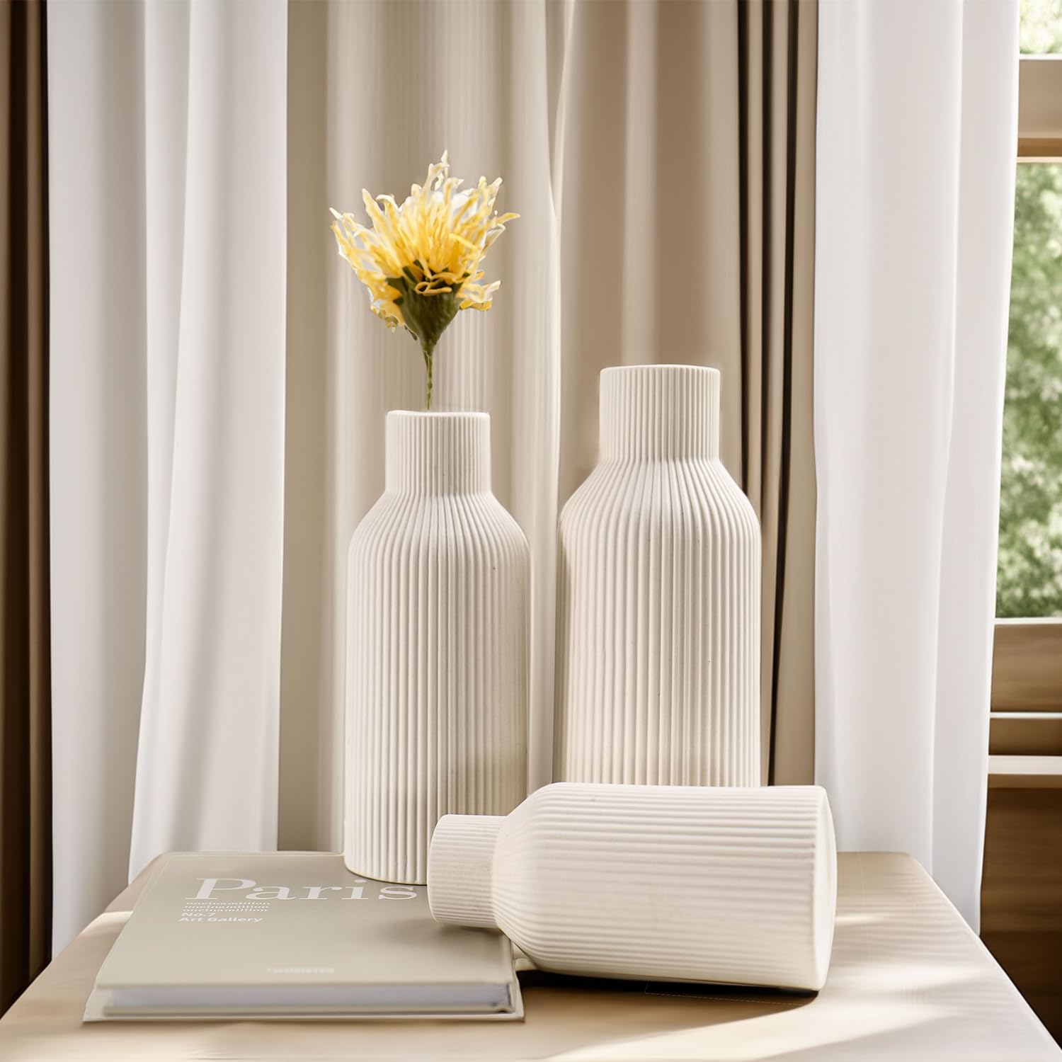 HEGELDA Vase, White Ceramic Vase Set of 3 - Minimalist Modern Home Decor for Desk, Shelf, and Table - Aesthetic Flower Vases for Entryway, Mantle, and Bookshelf (8" H, 6.8" H, 5.7" H) - Image 5