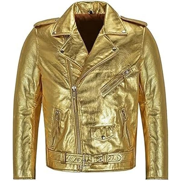 Men's Brando Slim-FIT Gold/Silver Foiled Leather Jacket Biker