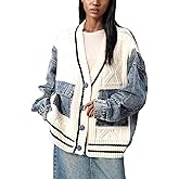 Tbahhir Women Open Front Sweater Cardigan Denim Patchwork Long Sleeve Chunky Knit Button Down Jackets with Pockets