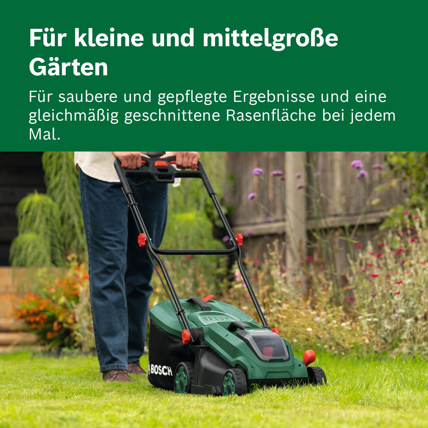 Bosch Akku-Rasenmäher ROTAK18V-34 (Schnittbreite: 34 cm, Schnitthöhe: 25-65 mm, 35 l Stoff-Grasfangkorb, Mulchstopfen, inkl. Akku und Ladegerät) 4