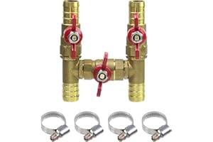 Pastlla 4-way Automobile Heating Water Valve, Solid Brass Body Automobile Integrated 4-Way Heating Water Manual Control Valve 5/8" OD Barb, with 4 Clamps