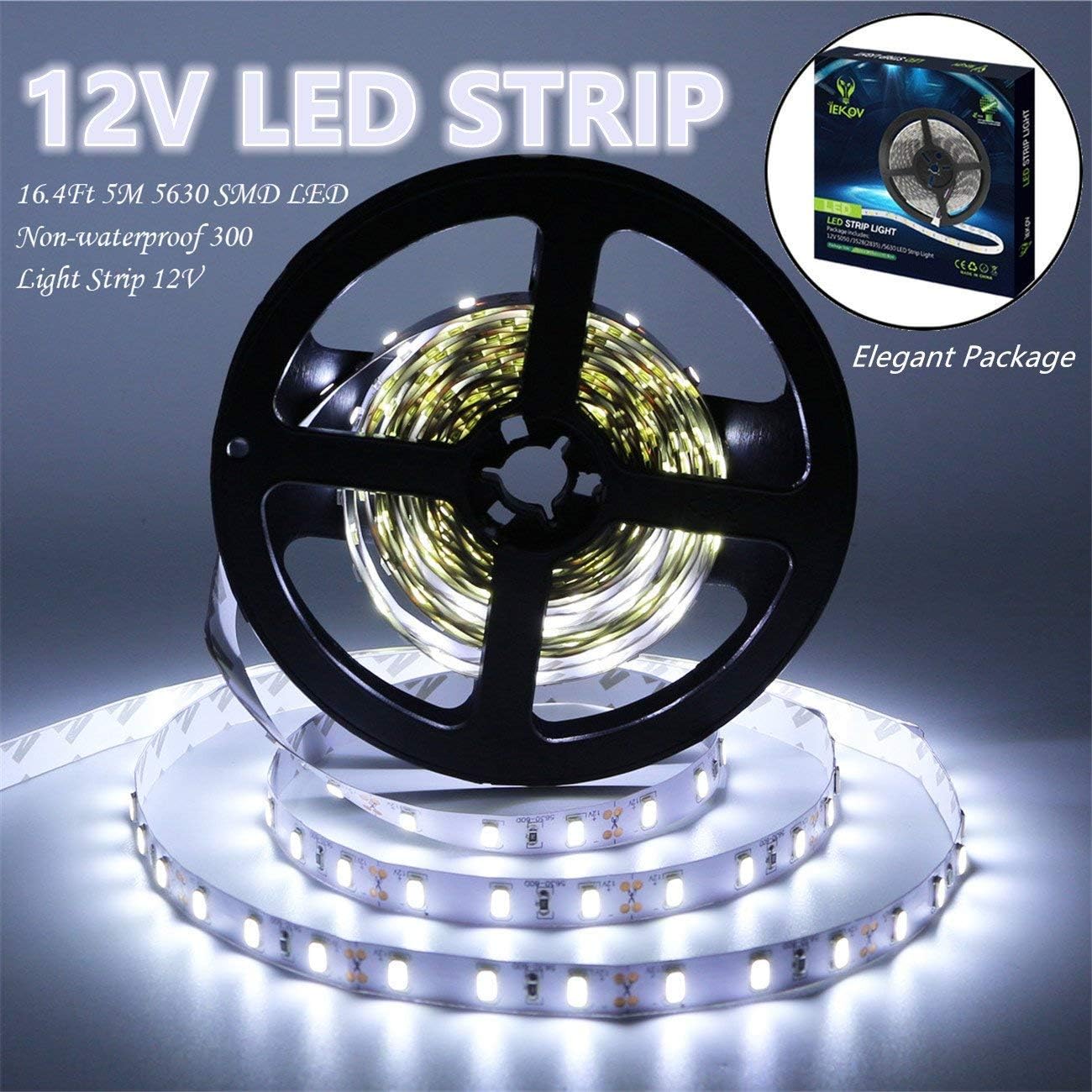 Led Strip Lights, IEKOV 5630 SMD 300LEDs Non-Waterproof Flexible Xmas Decorative Lighting Strips, LED Tape, 5M 16.4Ft DC12V (Cool White)