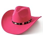 Lanzom Women Men Classic Felt Wide Brim Western Cowboy Cowgirl Hat with Belt Buckle