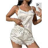 winkbay Women's Satin Pajama Set 2 Piece Floral Print Lace V Neck Cami Top and Mini Shorts Lounge Set