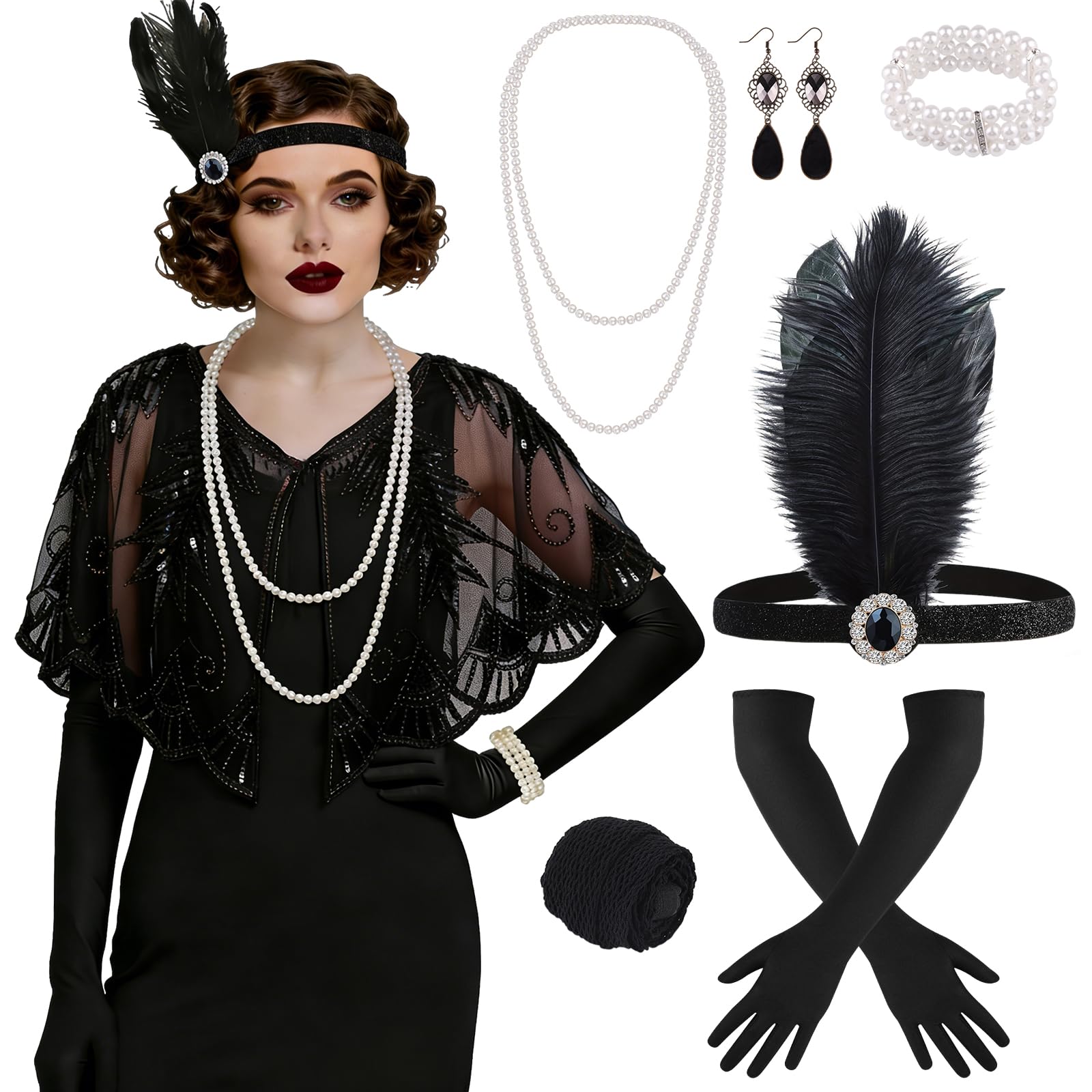 ELECLAND 10 Pieces 1920s Flapper Great Gatsby Accessories Set Fashion Roaring 20's Theme Set with Headband Headpiece Long Black Gloves Necklace Earrings for Women (Black (Style 6))