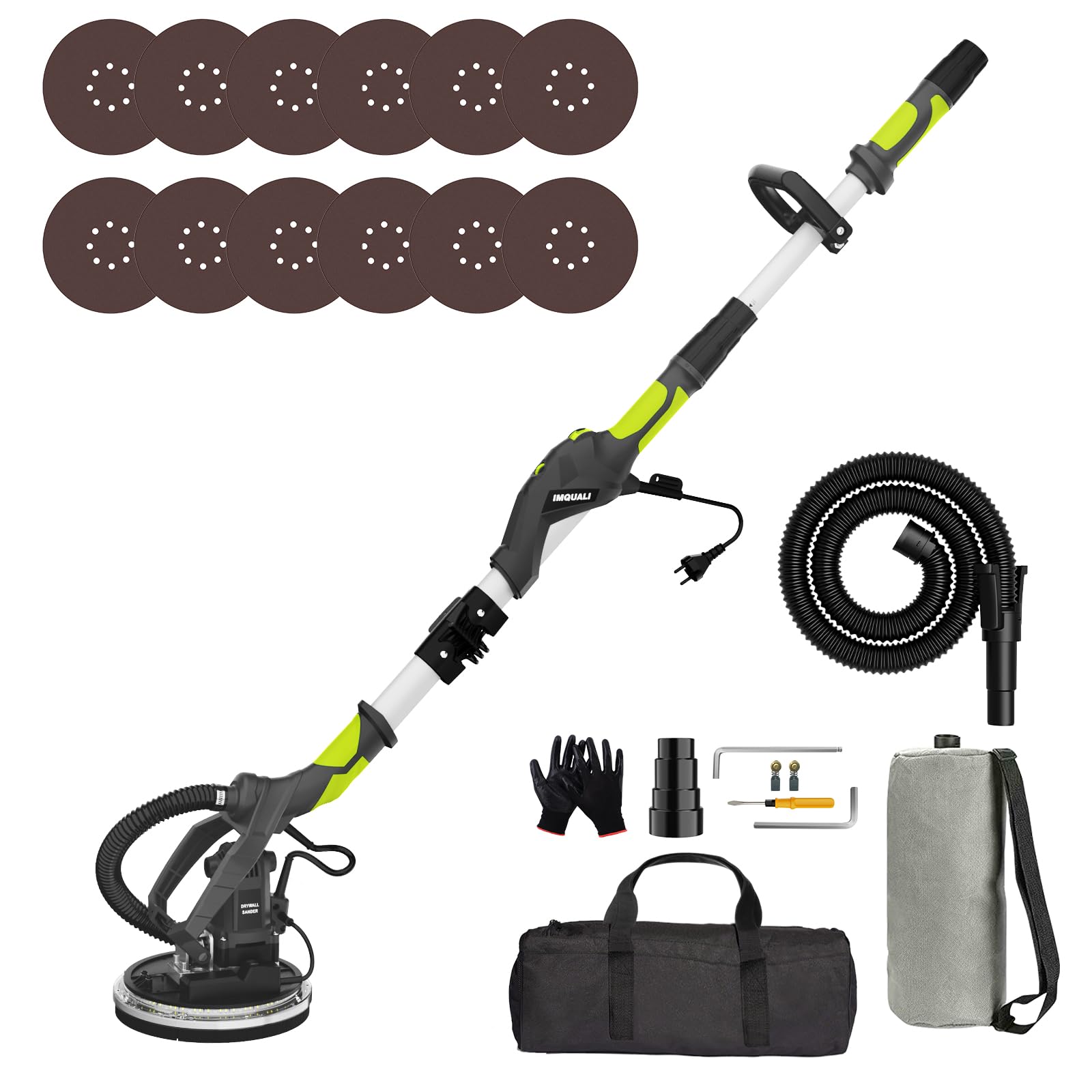 Photo 1 of ** UNCLEAN**Electric Drywall Sander with Vacuum Dust Collector, IMQUALI® 9.5A 1050W Floor Sanders for Wood Floor with Variable Speed 600-2600RPM, Extendable Handle, LED Light, 12pcs Sanding Discs, Green, IM03
