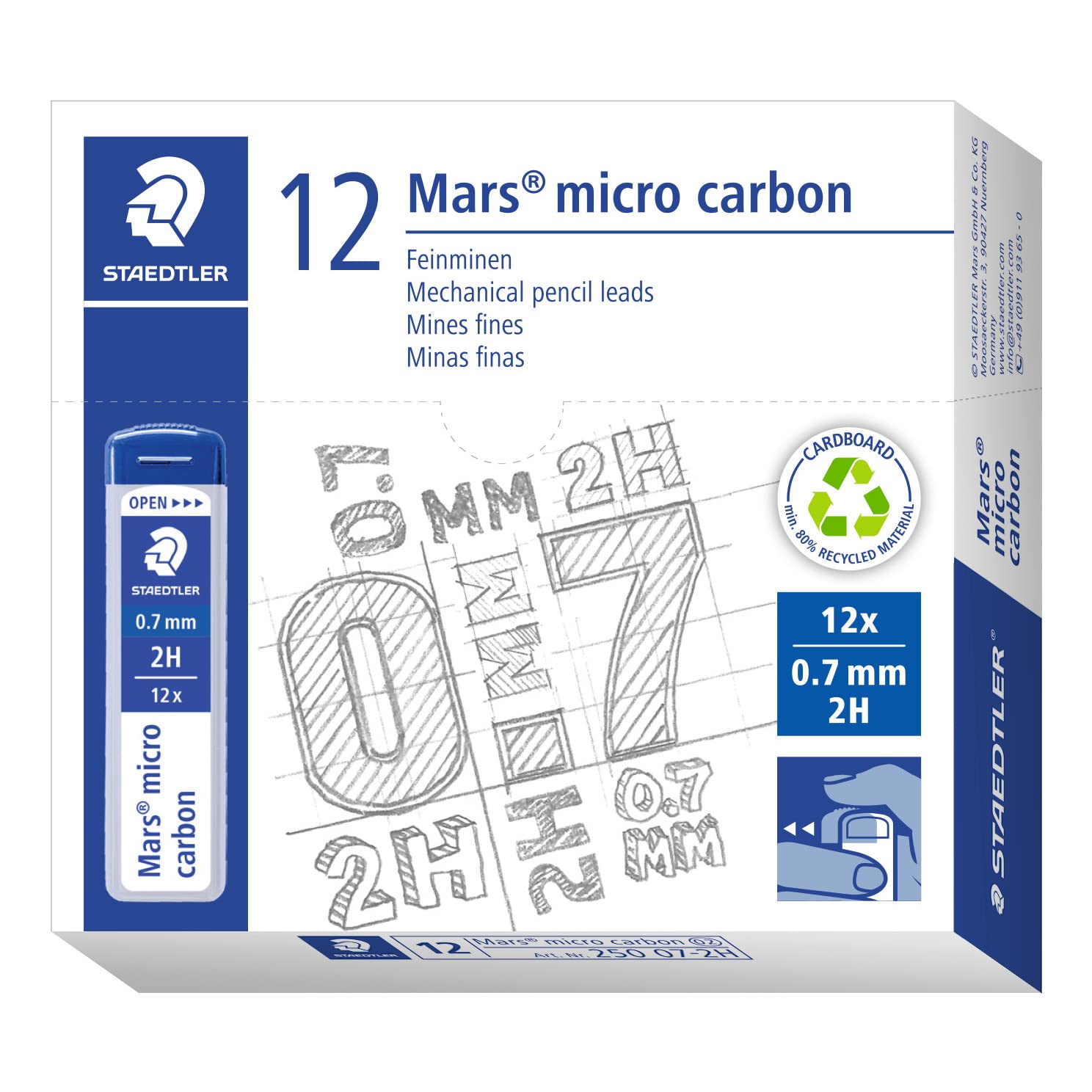 STAEDTLER 250 07-2H Mars Micro Refill Leads for Mechanical Pencils - 2H, 0.7mm (Box of 12 x Tubes of 12 Leads)