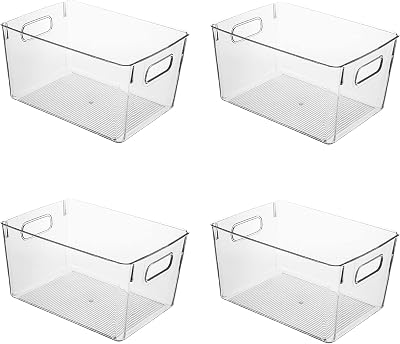 Amtido Clear Plastic Storage Bins 4-Pack Fridge Cupboard Pantry Organizer