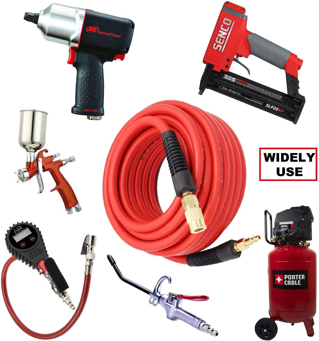 YOTOO Hybrid Air Hose 1/4-Inch by 100-Feet 300 PSI Heavy Duty, Lightweight, Kink Resistant, All-Weather Flexibility with 1/4-Inch Industrial Quick Coupler Fittings, Bend Restrictors, Red : Home Improvement