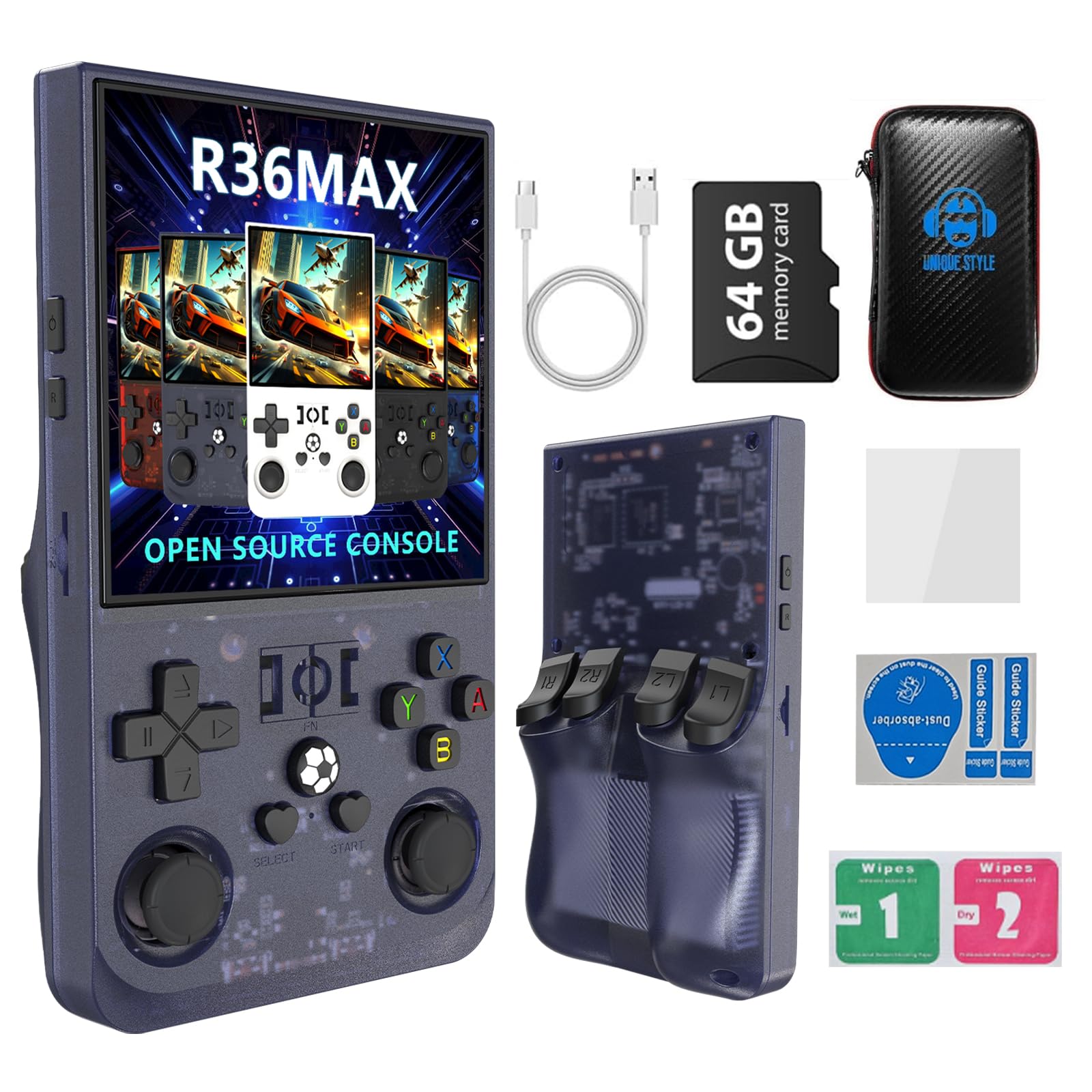 Photo 1 of ?R36MAX 4000mAh Portable Rechargeable Handheld Retro Game Console,Comfort Non-Slip Handheld Standing Retro Game Console with 64G TF Car,4.0-inch Screen,for Office,Purple Gray