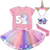 Tutu and Sian Unicorn Birthday Outfit for Girls - Shirt, Tutu Skirt Dress, Birthday Girl Crown, Hair Bow & Satin Sash (Unicorn 5Y, 6 Years)