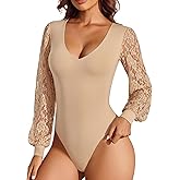 Avidlove Womens Long Sleeve Bodysuit Double Lined V Neck Lace Puff Sleeves Going Out Top Shirts Thong Leotard Body Suit
