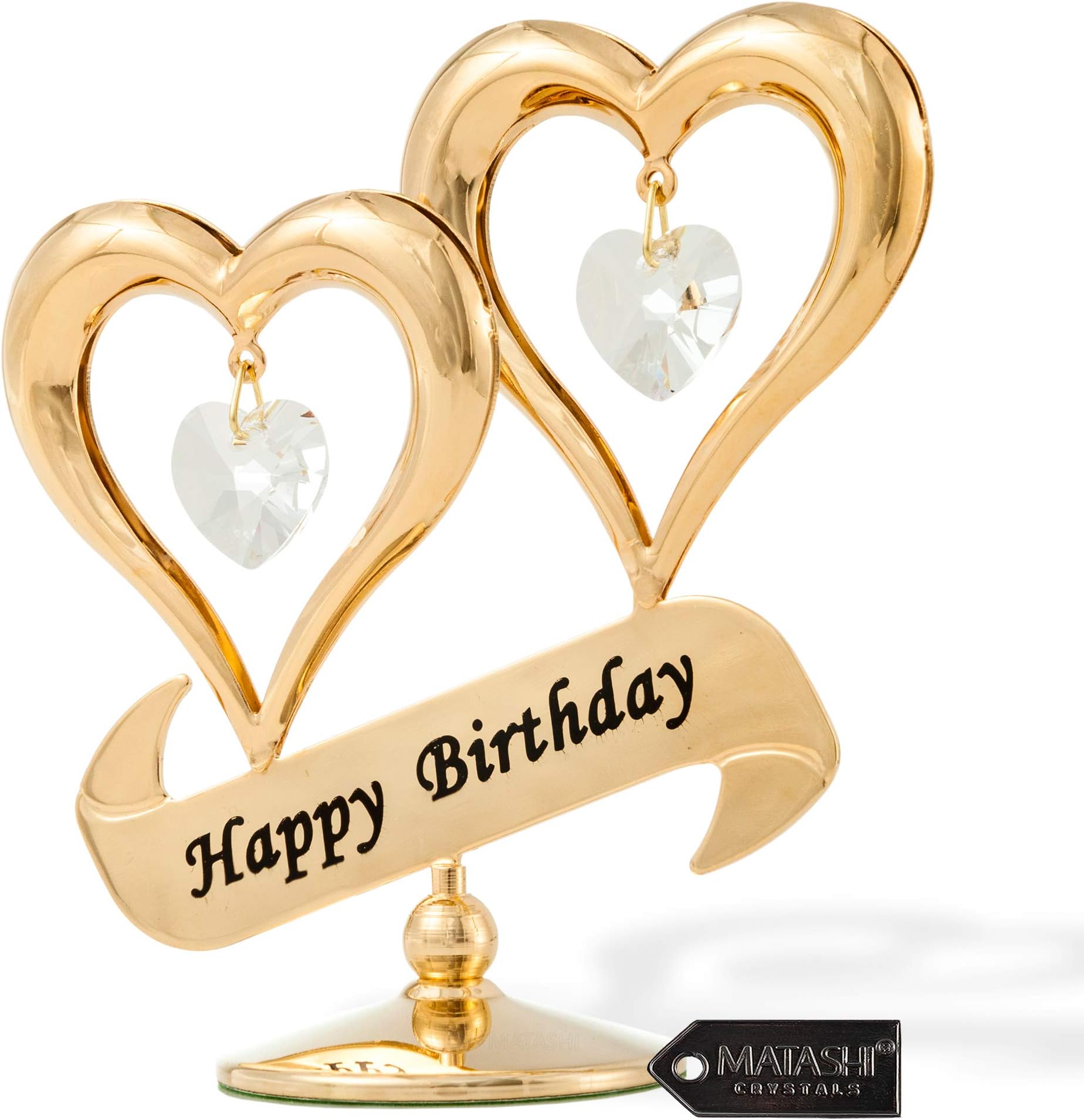 Matashi 24K Gold Plated Crystal Studded Double Heart with Banner Ornament, Best Gifts for Valentine's Day, Mother's Day, Anniversary, Christmas, Birthday (Happy Birthday)