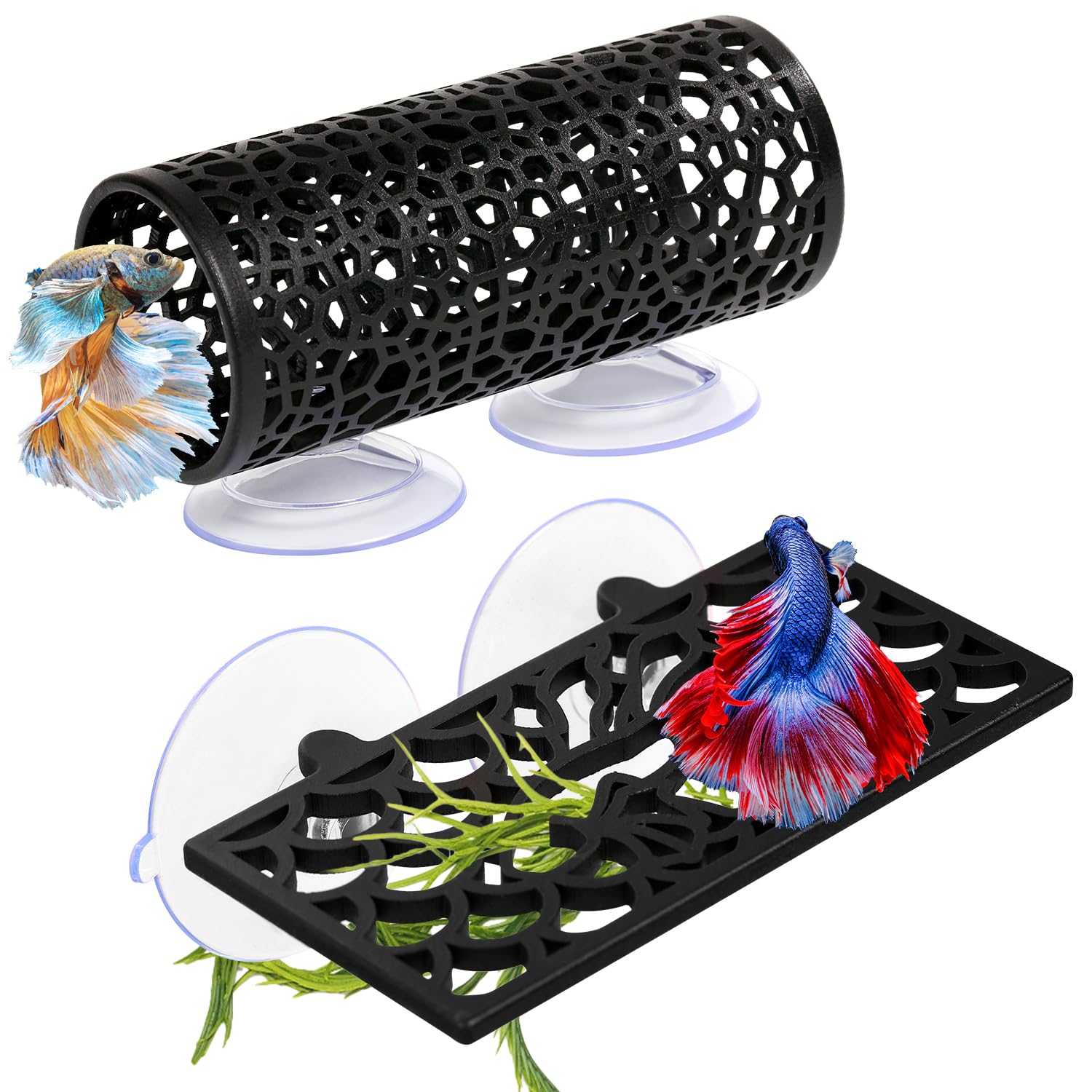 Abizoo Betta Fish Tank Accessories Decorations,Betta Tunnel Swim Tube Black Soft Edged Betta Hammock Bed, Shrimp Guppies Hideout Betta Shelter Toys, Aquarium Moss Ledge - Perfect for Betta Tanks