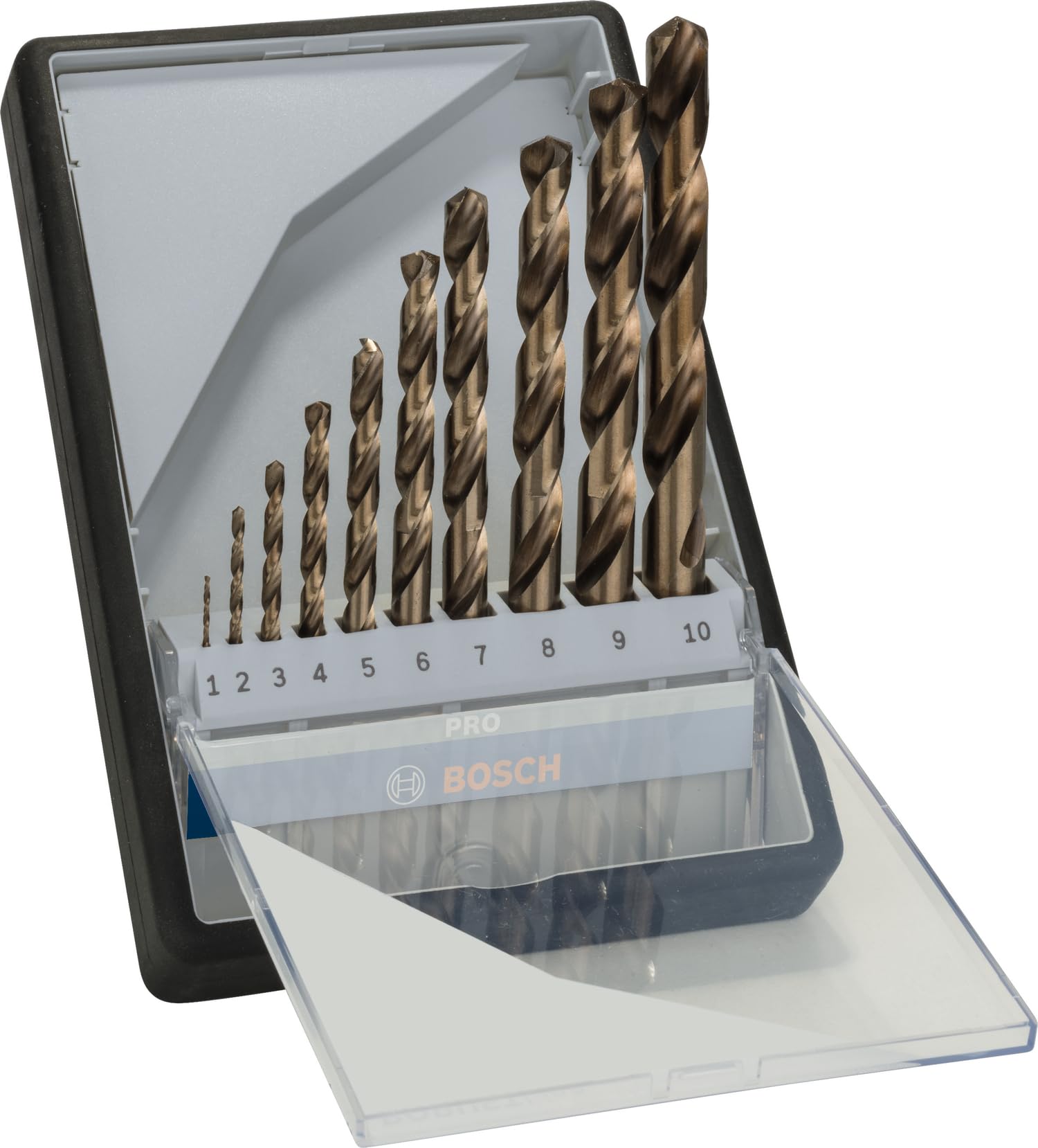 Bosch 10x PRO Stainless Steel HSS-Co Twist Drill Bit Set (for Steel, Stainless steel, Ø 1,0, 2,0, 3,0, 4,0, 5,0, 6,0, 7,0, 8,0, 9,0, 10,0 mm, Professional Accessory Rotary Drill/Drivers) — image 1