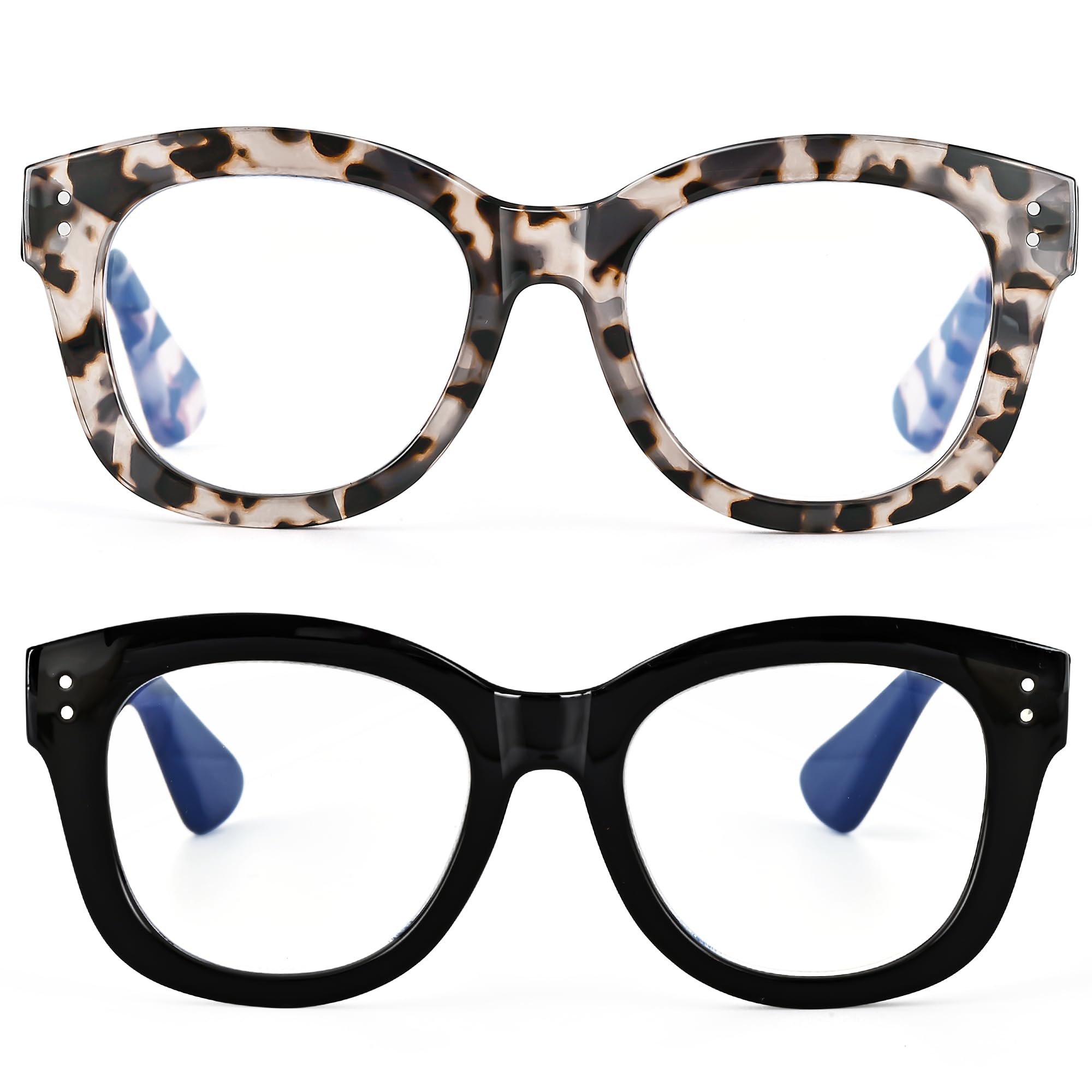 EYEGUARD 2 Pack Oversized Reading Glasses for Women, Retro Blue Light Blocking Readers with Spring Hinges, black/grey +3.00 diopter