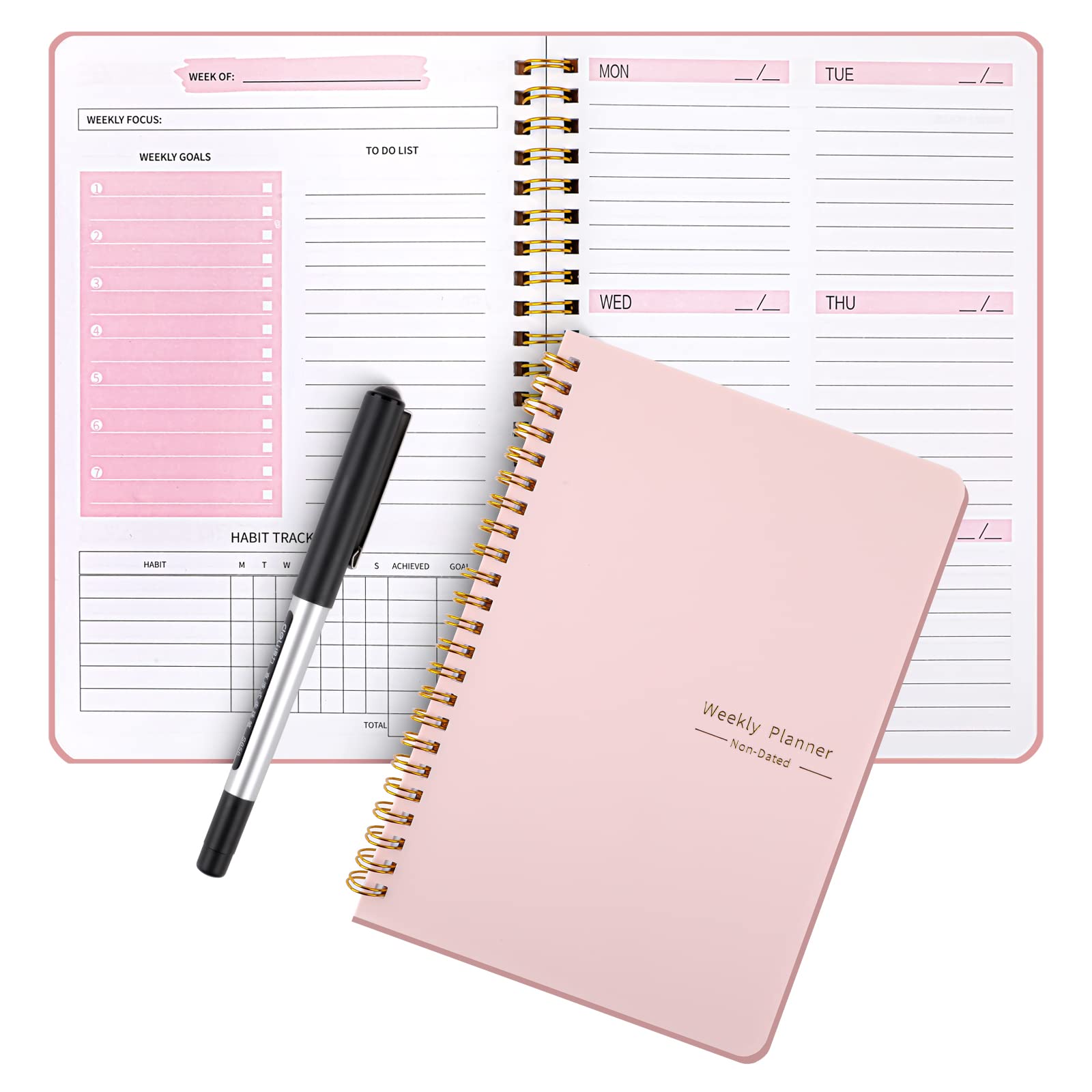 Hopton Weekly Planner Undated, To Do List Notebook, A5 Daily Planner with Weekly Goals, Habit Tracker, for College Work ADHD(Pink), 148mm×210mm