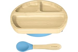 Abiie Octopod Bamboo Dish - Kids Plates for 4 months and up, 3-Compartment Baby Plates with Suction, Triangle Bamboo Baby Plate, Mess-Free Toddler Suction Plates, Baby Feeding Supplies, 8.3x1.9x7.7 in