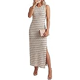 OUGES Women's 2026 Summer Maternity Dress Knit Sleeveless Crewneck Midi Dress Side Slit Striped Bodycon Sweater Dress