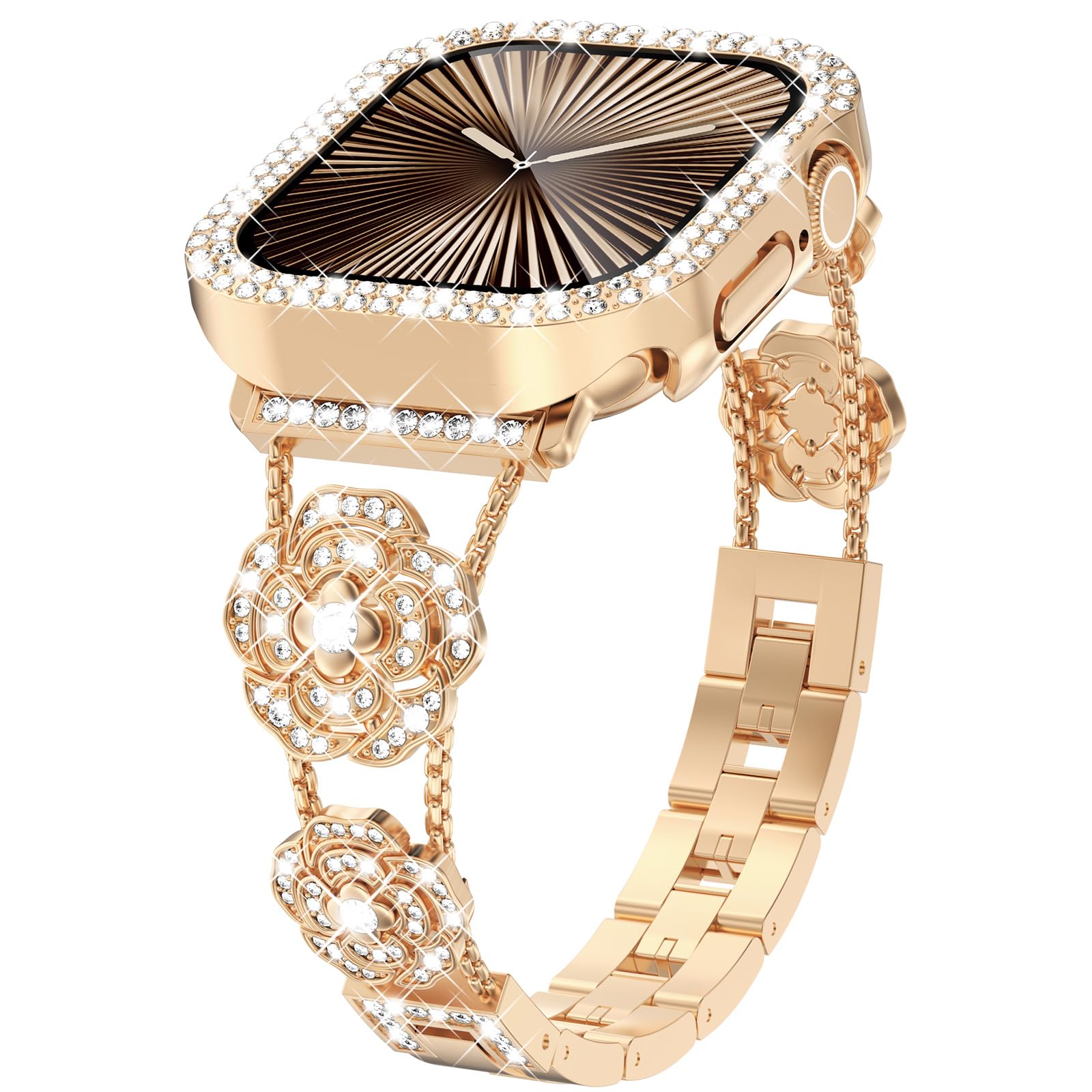 KADES Compatible with Apple Watch Band 44mm for Women – Elegant Camellia Diamond Band with Bling Protective Case, Premium Stainless Steel Floral Bracelet for iWatch Series 6/5/4/SE, Rose Gold