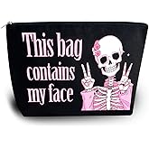 YINSSA Skeleton Gifts Makeup Bag For Women Friends Sister Spooky Gifts Funny Skeleton Cosmetic Bags Halloween Stuff Travel Accessories Goth Stocking Stuffers This Bag Contains My Face