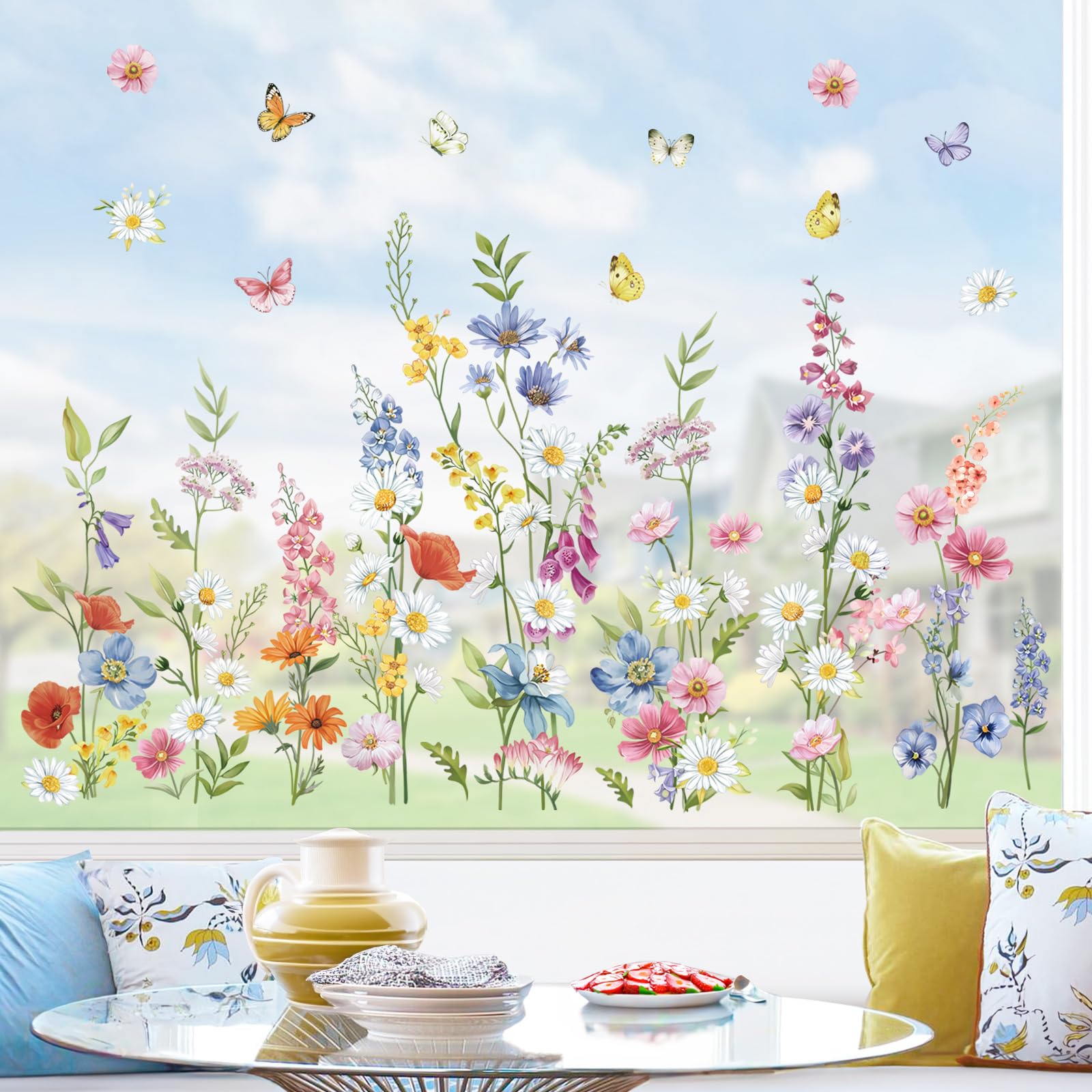 wondever Spring Flower Daisy Window Clings Wildflower Floral Butterfly Glass Sticker Decal Anti Collision Double-Side Static Window Stickers for Home Glass Window