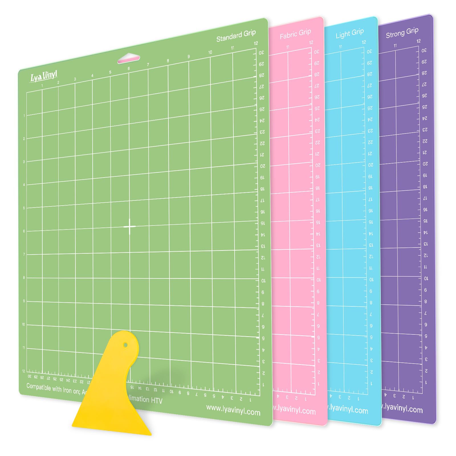 Cutting Mats for Cricut - Lya Vinyl 4 Pack Variety 12x12, Vinyl(StandardGrip, LightGrip, StrongGrip, FabricGrip) Explore Air Series & Accessories (LYA-CUTTINGMAT-4)