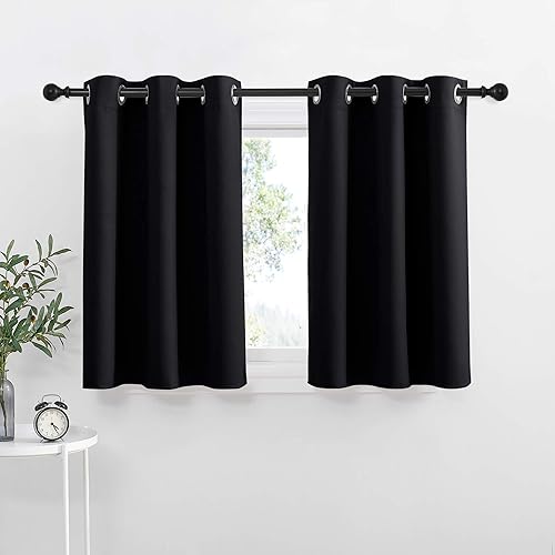 NICETOWN Black Small Window Curtains - Thermal Insulated Home Decor Blackout Grommet Curtains Drapes for Cafe, Kitchen, Laundry (42W by 36L + 1.2 inches Header, Black, 2 Pieces)