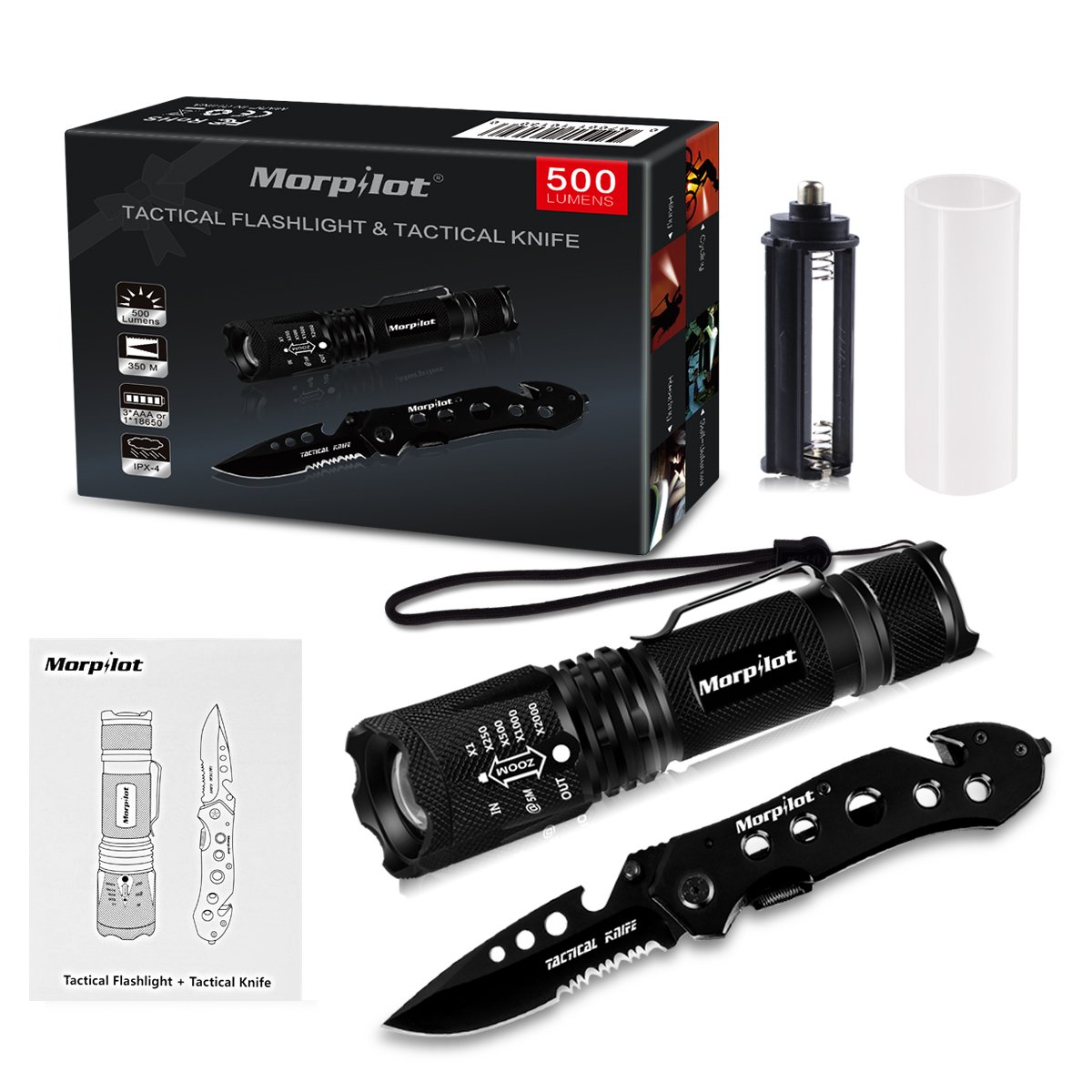 Multitool Knife & Flashlight Set Morpilot 5 in 1 Multi-Purpose Pocket Knife, 500LM 5Modes Portable Handheld Flashlight for Camping Hunting Backpacking Fishing Outdoor Survial,Ideal for gift