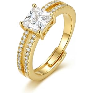 SAVORI Adjustable 14K Gold Plated Princess Cut CZ Double-Band Ring for Women, 925 Sterling Silver Engagement-Style Statement