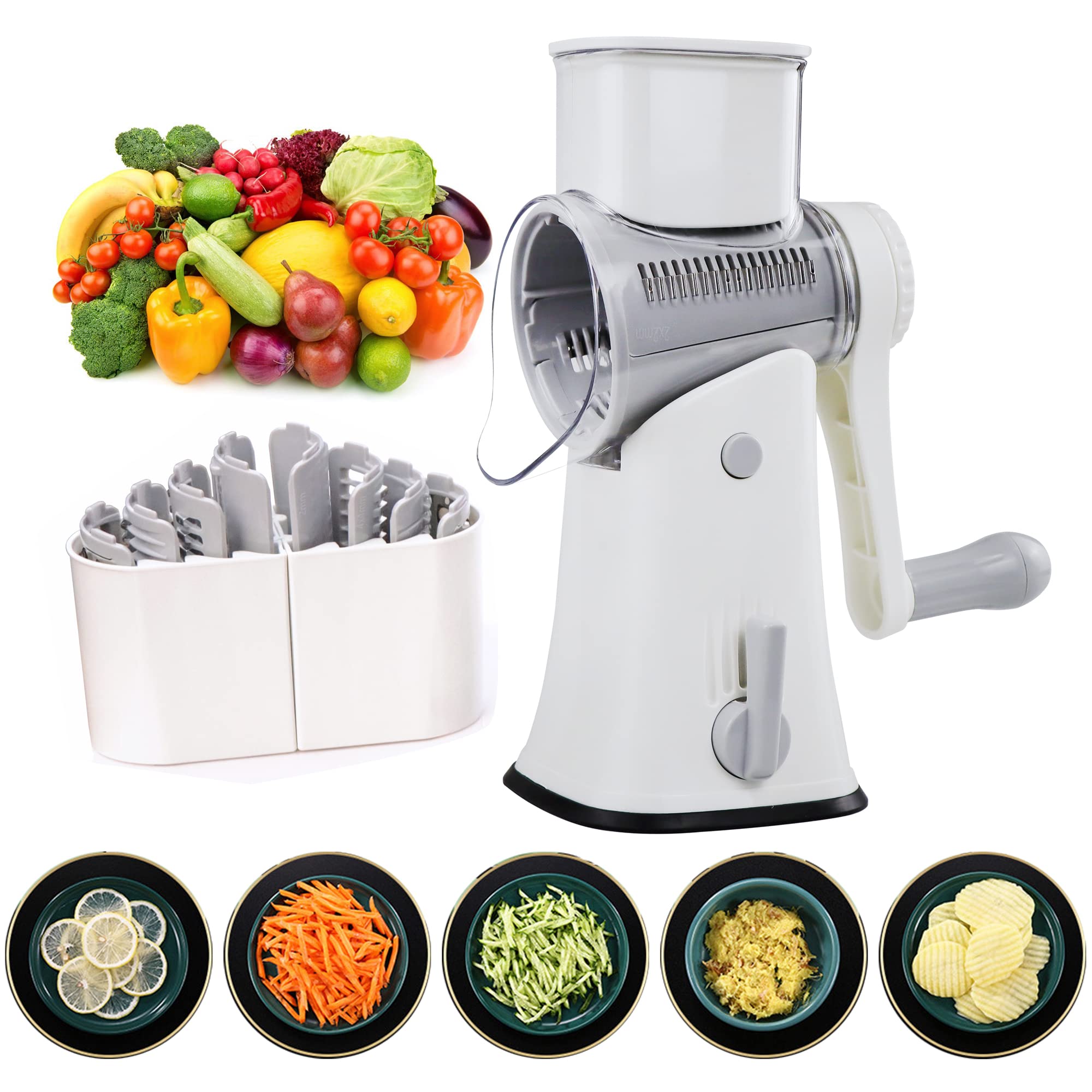 BenRich 5 in 1 Rotary Cheese Grater & Vegetable Slicer - with 5 Interchangeable Blades and Comfort Handle, Kitchen Mandoline Slicer for Cheese, Vegetables and Nuts (White)