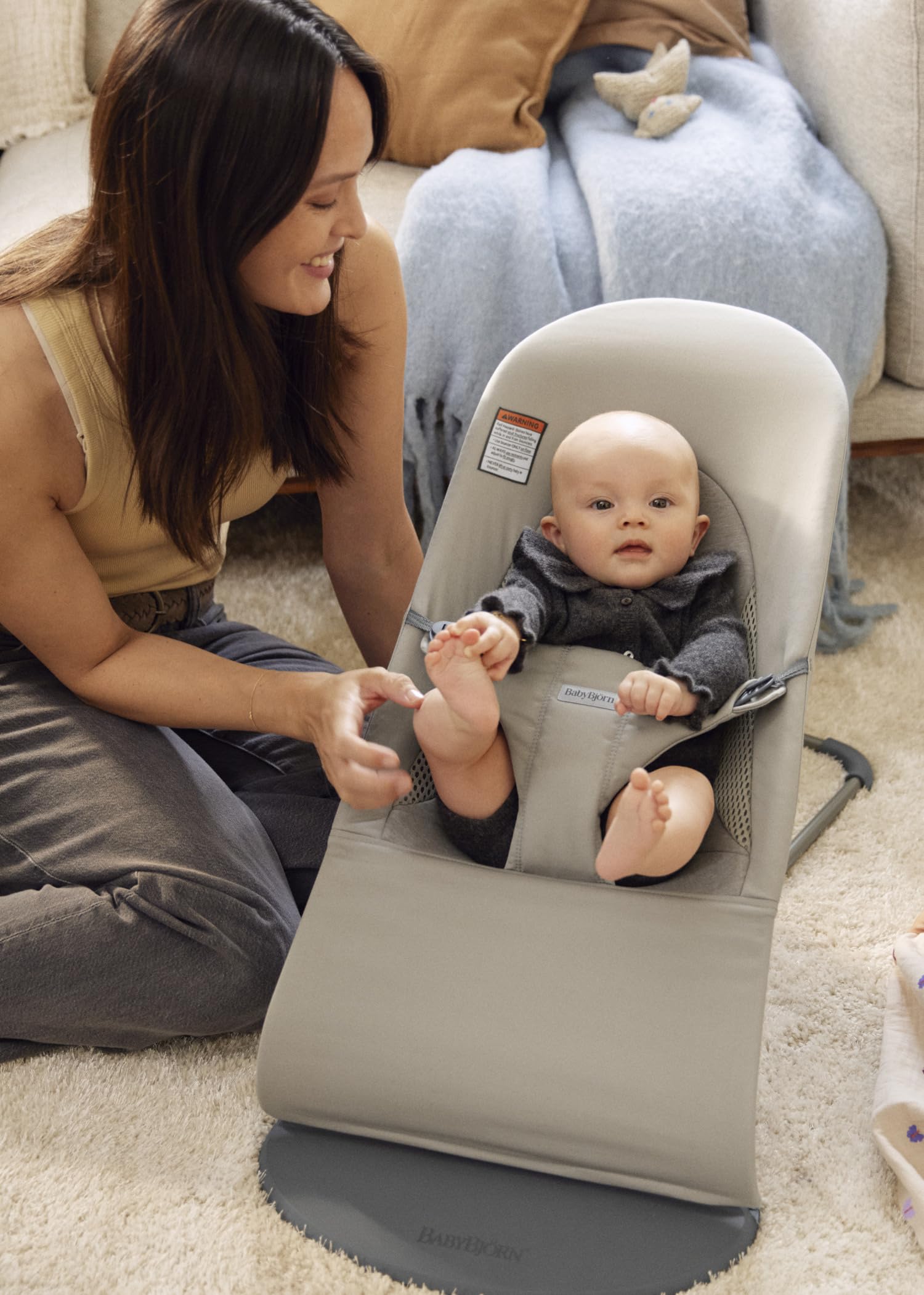 BabyBjörn Bouncer Balance Soft, Tri-Fabric, Sand Grey | 2-in-1 Adjustable Baby Bouncer Seat and Toddler Chair, Newborn to Toddler (8-29 lbs), 4 Positions, Lightweight & Portable