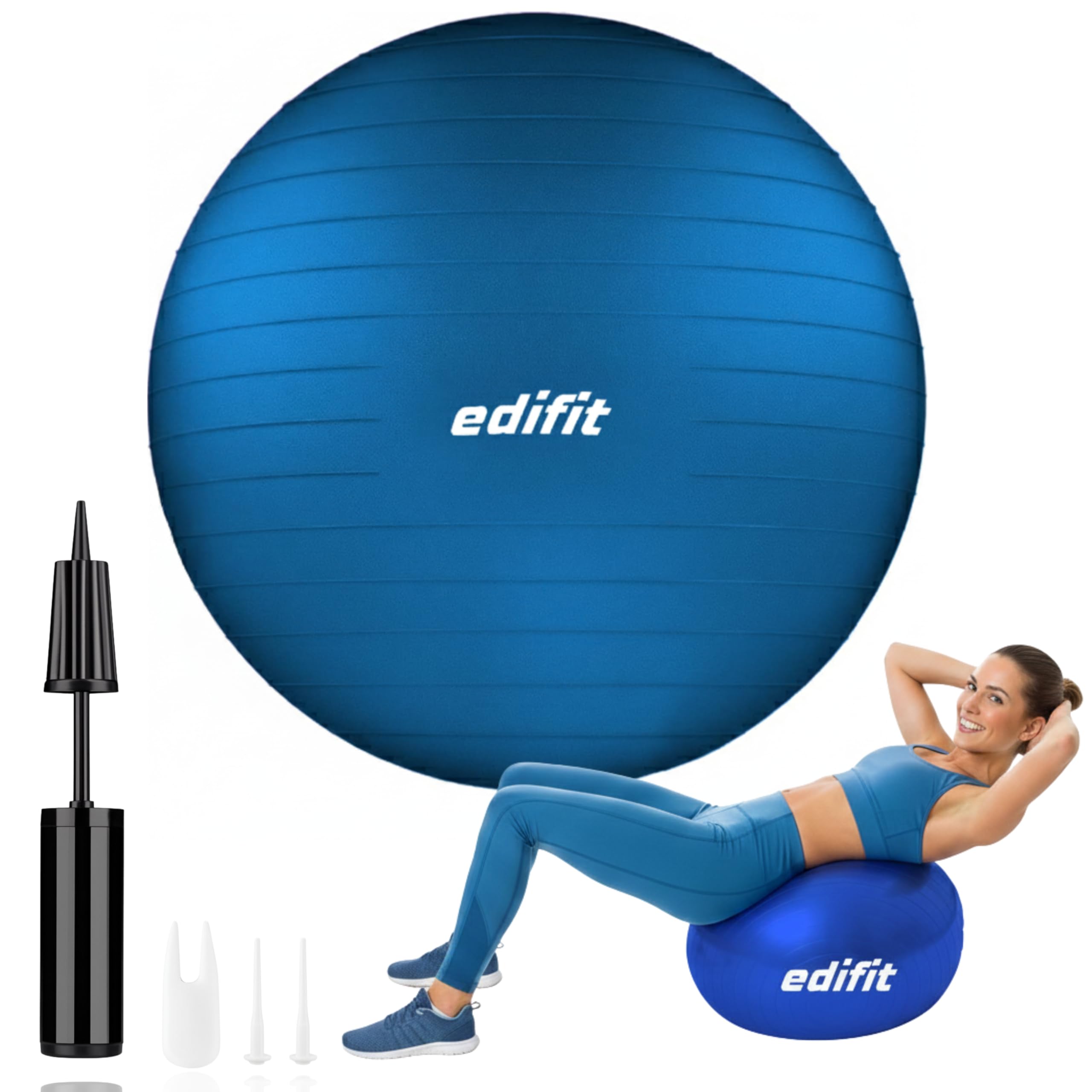EDIFIT, Pilates Ball, 55.65 and 75, Home Exercise, Includes Pump, Fitball, Pregnant, Yoga Accessories, Gym, Various Sizes (55 cm, Blue)