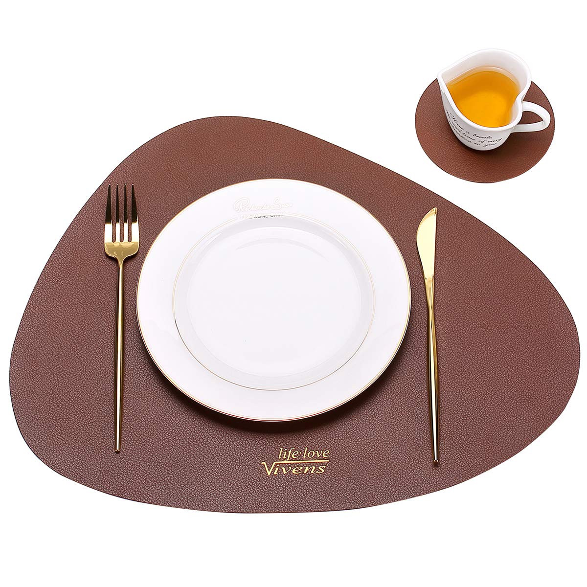 VIVENS Placemat 43 x 34 cm, PU Leather Placemats and Coasters Set of 2, Non-Slip Durable Table Mats Washable Waterproof (Brown)