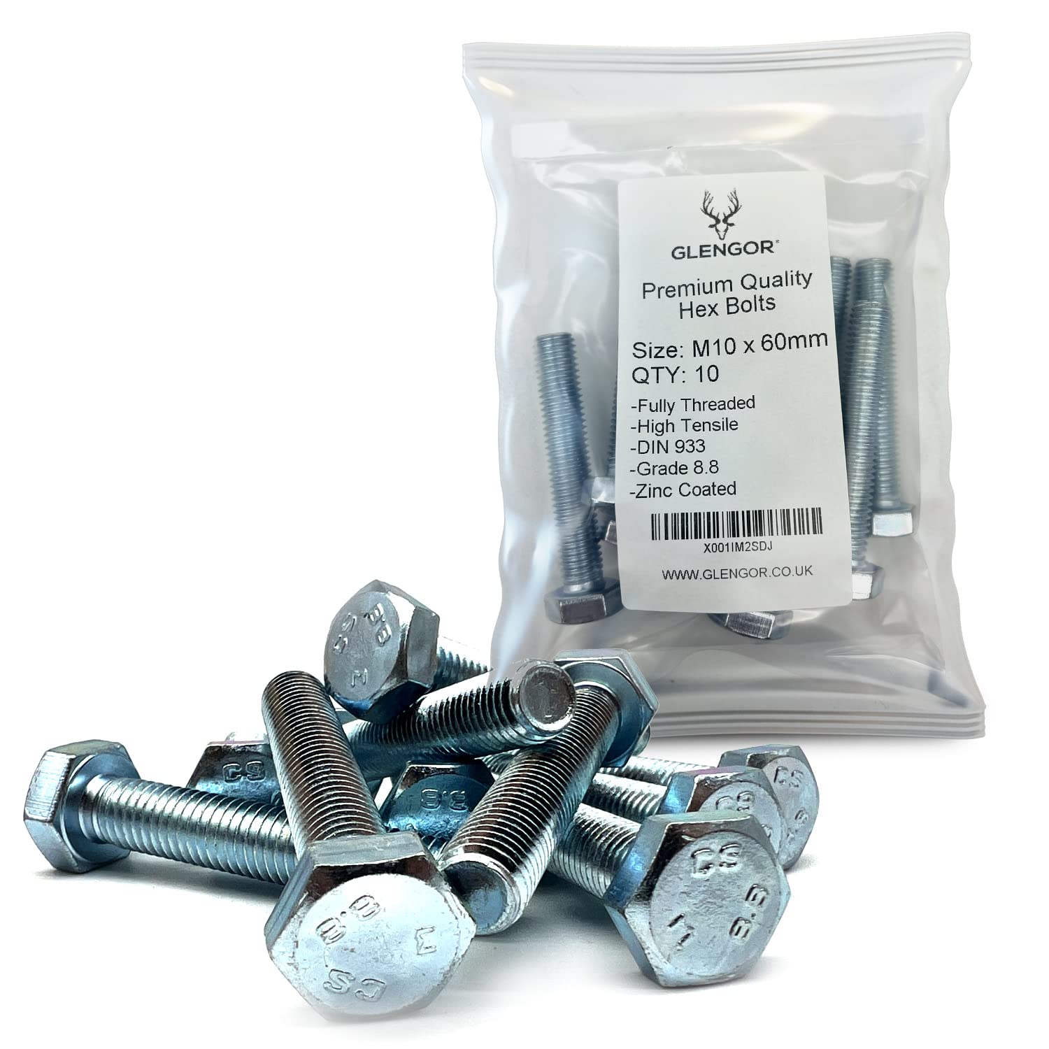 Glengor Premium M10 x 60mm Hex Bolt | Fully Threaded Setscrew Zinc 8.8 | Pack of 10