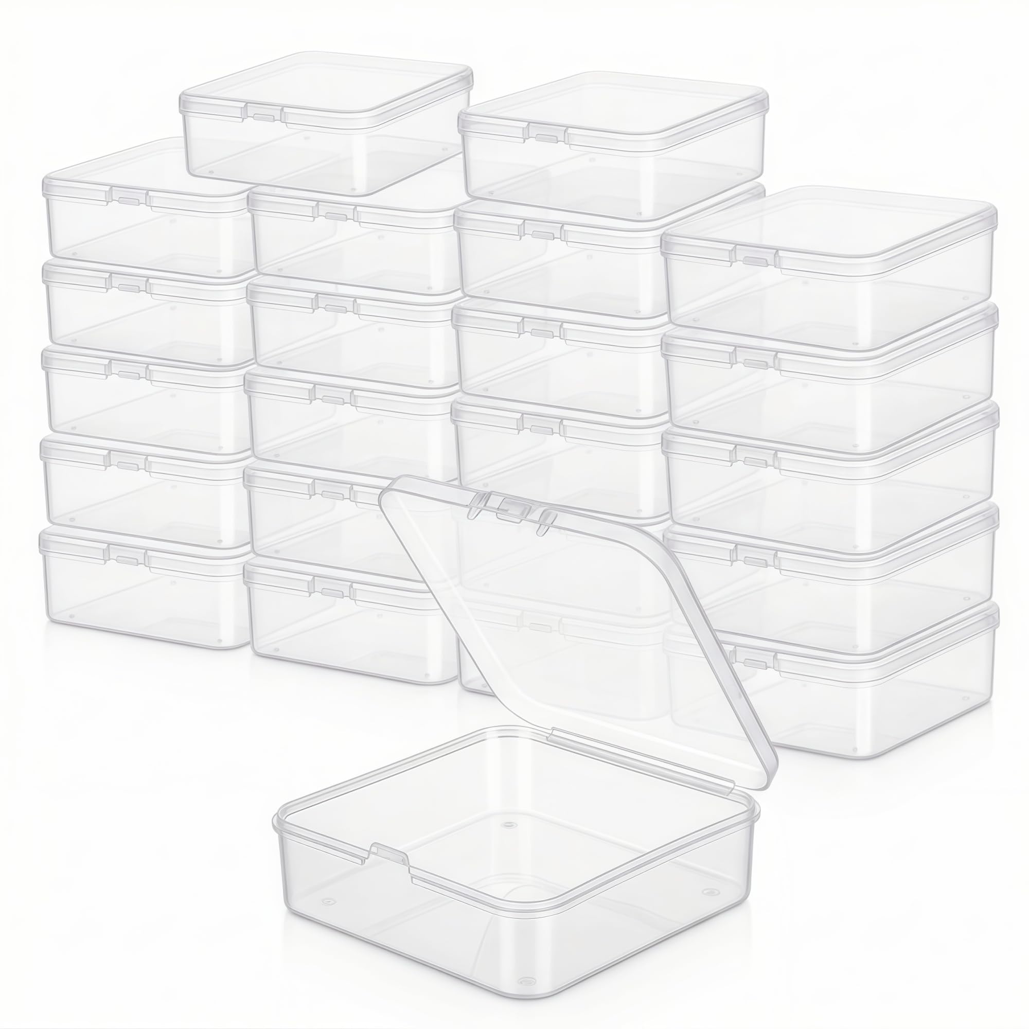 LJY 23 Pack White Transparent Mini Plastic Box with Hinged Lid, 7.5 x 7.5 x 2.5 cm - Square Small Storage Boxes for Beads, DIY Craft Storage and Hardware Organiser