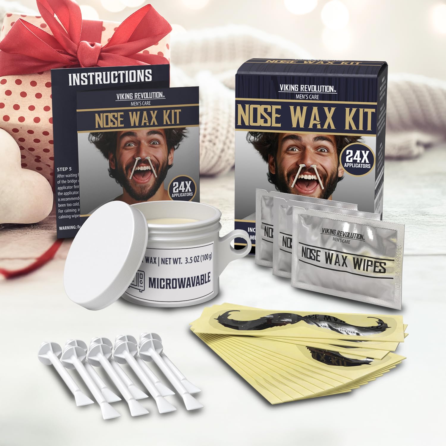 Viking Revolution Nose Hair Waxing Kit for Men - Quick Kit Men with 24 Wax Sticks - Nose Hair Wax Kit Includes Mustache Sticker Guard and Post-Wax Calming Wipes with Aloe Vera (3.5 oz)