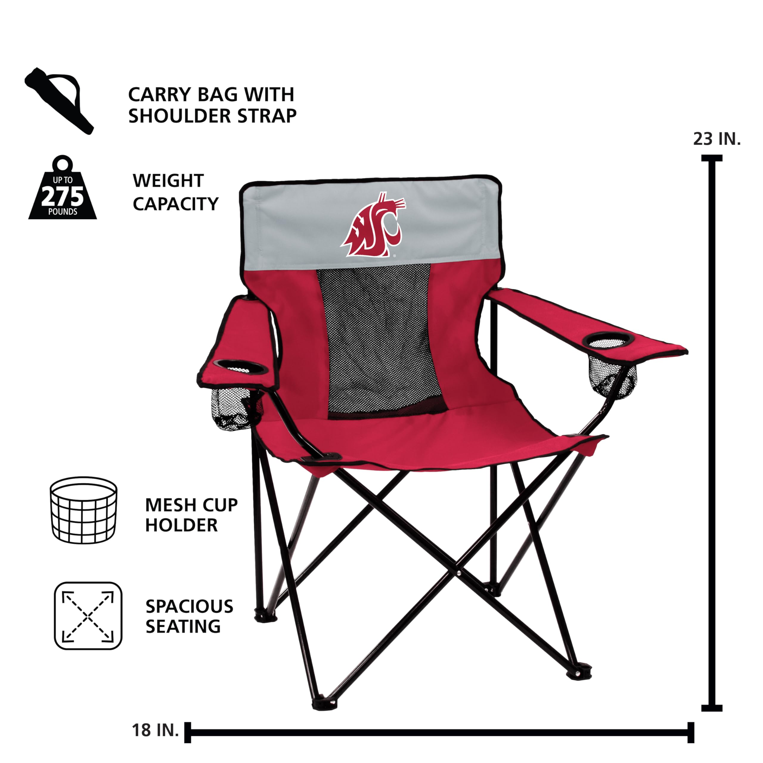Logo Brands NCAA Washington State Cougars Elite Portable Chair - Premium Outdoor Chair with Cup Holder, Powder-Coated Steel Frame, Lightweight and Portable for Tailgating,and Sporting Events