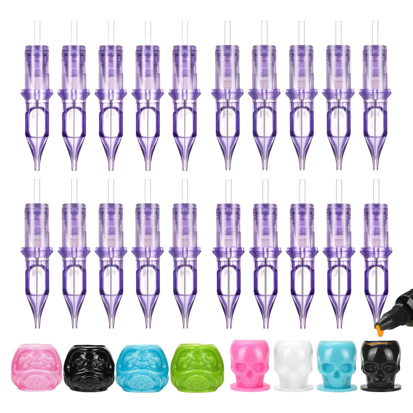 ATOMUS 20pcs Tattoo Cartridge Needles 5pcs 3RL 5RL 7RL 9RL Purple Needles for Tattoo Gun Pen Liner Pattern with Disposable Skull Ink Cups for Pen Rotary Machine Supplies
