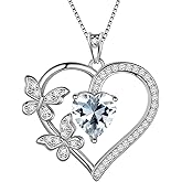 Aurora Tears Heart Butterfly Pendant Necklace - 925 Sterling Silver Birthstone Heart Crystal Necklace Gifts for Women Jewelry Mothers Day Valentines Birthday Gifts for Girls