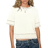 Saodimallsu Womens Short Sleeve Sweater Summer Cropped Sweaters Knit Tops | Casual,Crew Neck,Pullover,Lightweight,Striped,Crop,Work,Spring,Color Block,Fall