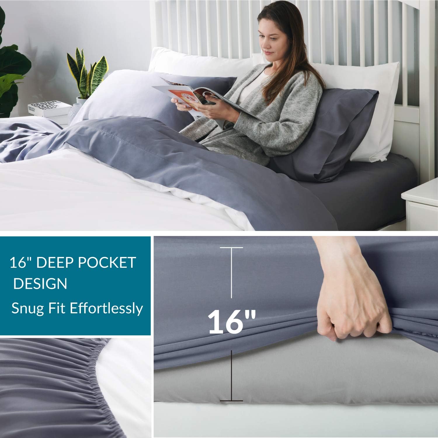 Bedsure 100% Bamboo Sheets Queen Size Cooling Sheets Deep Pocket Bed Sheets-Super Soft Hypoallergenic,Breathable - 4 Pieces 1 Fitted Sheet with 16 Inches, 1 Flat Sheet, 2 Pillowcases-Grey: Home & Kitchen