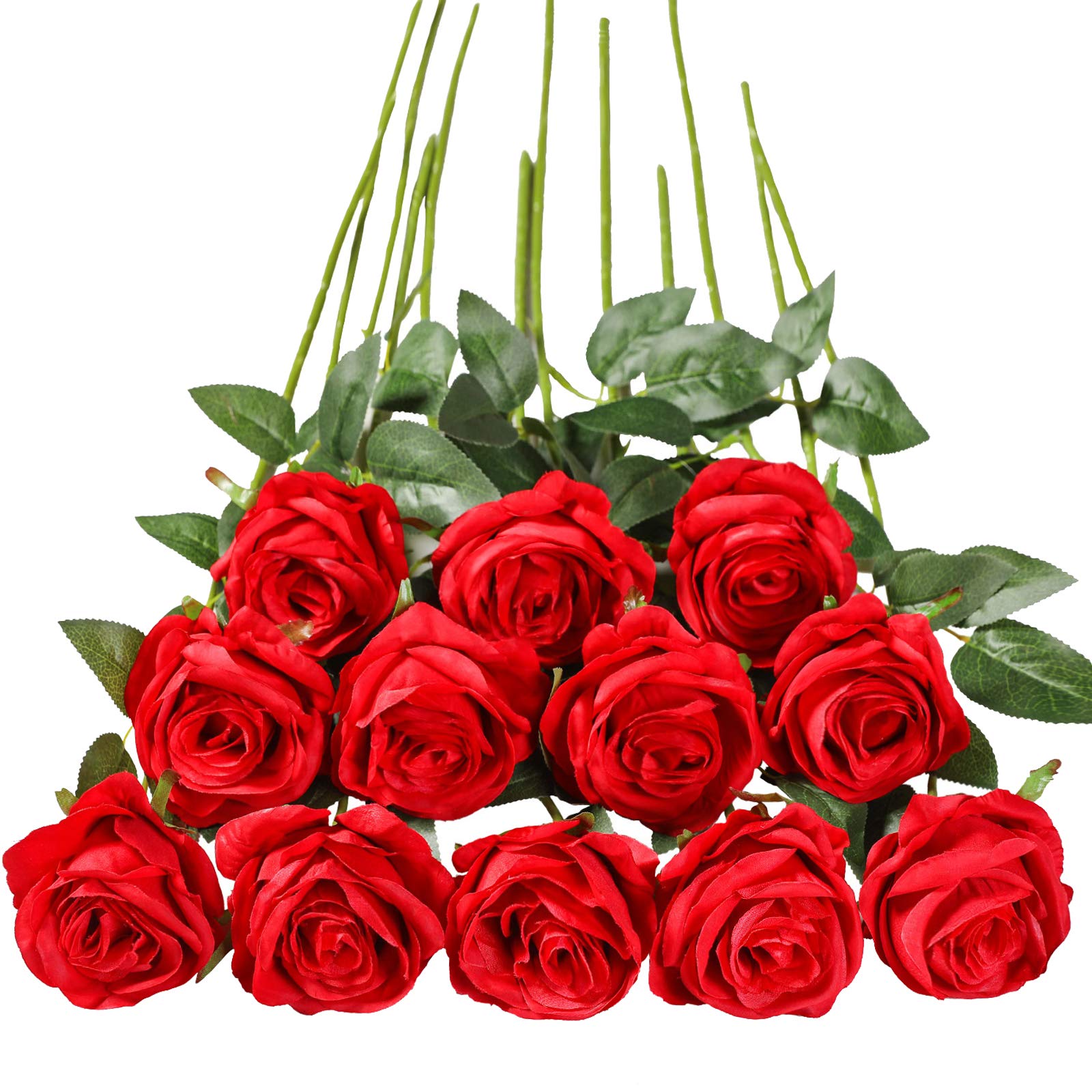 Tifuly 12 PCS Artificial Roses, 19.68'' Single Long Stem Fake Rose Silk Bridal Wedding Bouquet Realistic Flower for Home Garden Party Hotel Office Decor(Blossom Roses,Red)